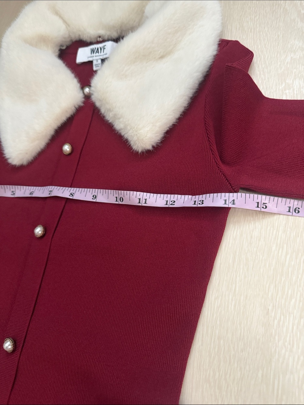 Wayf Burgundy Long-Sleeve A-Line Dress with White Faux-Fur Collar - Picture 5 of 9